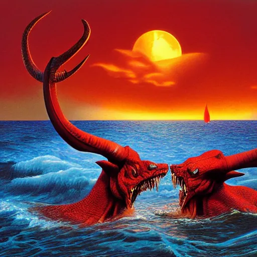 Prompt: landscape artwork of demonic giant two headed monster emerging from the sea, artwork by Greg Hildebrandt. Horns and sharp teeth, red sunset