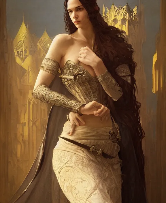 Prompt: portrait of a medieval woman, half body, d & d, fantasy, intricate, elegant, highly detailed, digital painting, artstation, concept art, art by artgerm and greg rutkowski and alphonse mucha, boris vallejo