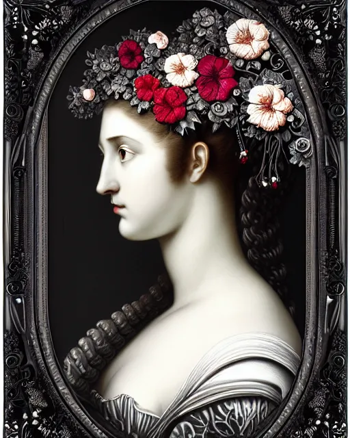 Image similar to masterpiece monochrome profile portrait painting, dutch masters, silver lace floral steampunk biomechanical beautiful one techno eye young female cyborg, big monocular, volumetric light, leaves foliage and stems, hibiscus flowers, gustave dore, rim light, big gothic fashion pearl embroidered collar, 8 k