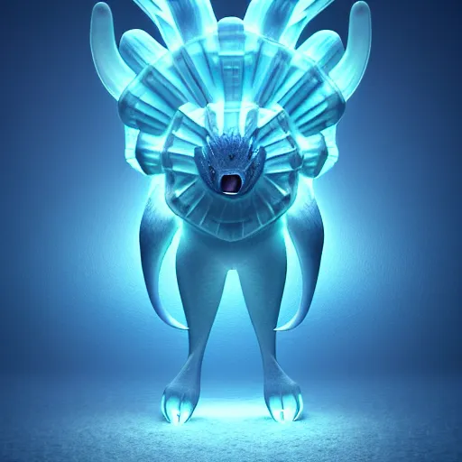 Image similar to ( ice pokemon ) creature creature in a alaska, bioluminescent bioluminescent translucent translucent : : by michal karcz, daniel merriam, victo ngai and guillermo del toro : : ornate, dynamic, particulate, intricate, elegant, highly detailed, centered, artstation, smooth, sharp focus, octane render, 3 d
