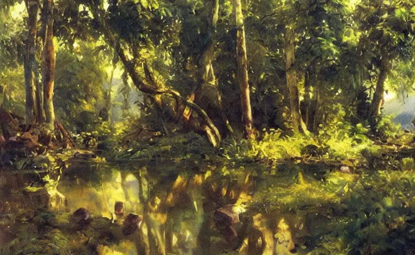 Image similar to oil painting lanscape by anders zorn, jungle nature, fruit trees, very very very very beautiful art, dramatic light, water reflections, tall rocky mountains