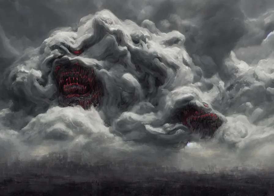 Image similar to large abstract painting of giant Joe Biden grinning evil emperor of the world made out of clouds emerging in dark clouds, cosmic horror, evil, dangerous, trending on ArtStation, masterpiece, by Greg Rutkowski, by Ross Tran, by Fenghua Zhong, octane, lightbeam eyes, soft render, clear facial features, oil on canvas, immense crowd of people, moody lighting, cinematic, professional environment concept art