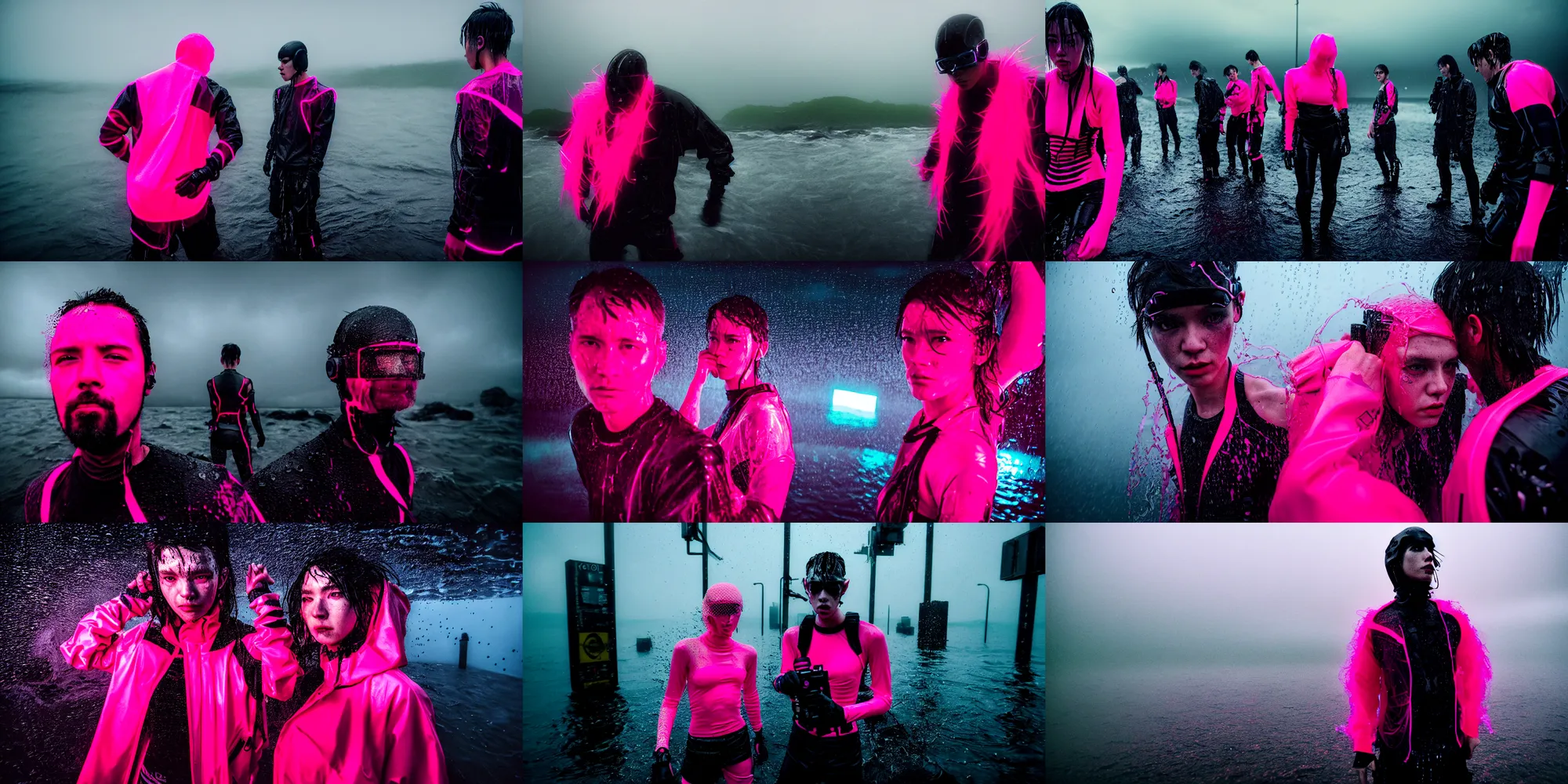 Prompt: cinestill hasselblad candid award winning press portrait by robert capas of cyberpunks wearing rugged neon pink mesh techwear in treacherous waters, hurricane, wideangle, extreme motion blur, modern cyberpunk moody depressing cinematic, pouring rain, 8 k, hd, high resolution, 3 5 mm, f / 3 2, ultra realistic faces, ex machina