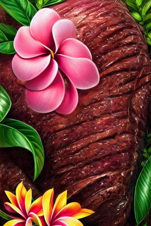 Image similar to ultra realistic illustration, portrait of fatty prime rib, plumeria tropical bouquet background, close up shot, fantasy, intricate, elegant, highly detailed, digital painting, artstation, concept art, smooth, sharp focus, illustration, surrealism