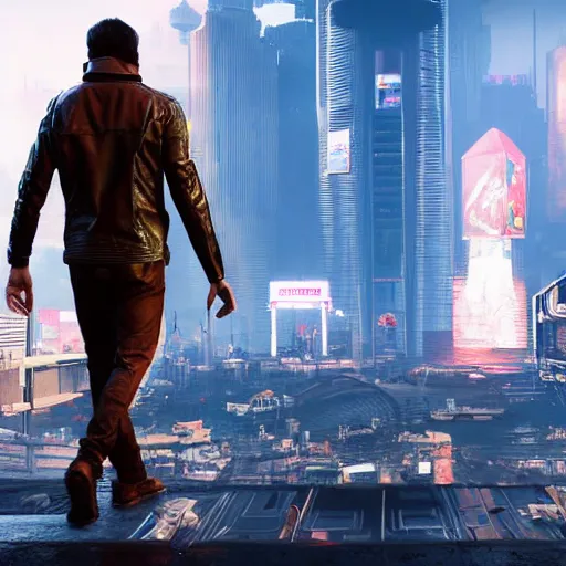 Image similar to full-frame of Shah Rukh Khan, wearing a brown leather-jacket, as a character from Cyberpunk 2077, looking at camera, intricate, sci-fi, extremely detailed, in the background cyperpunk-2077-city, concept art, artstation