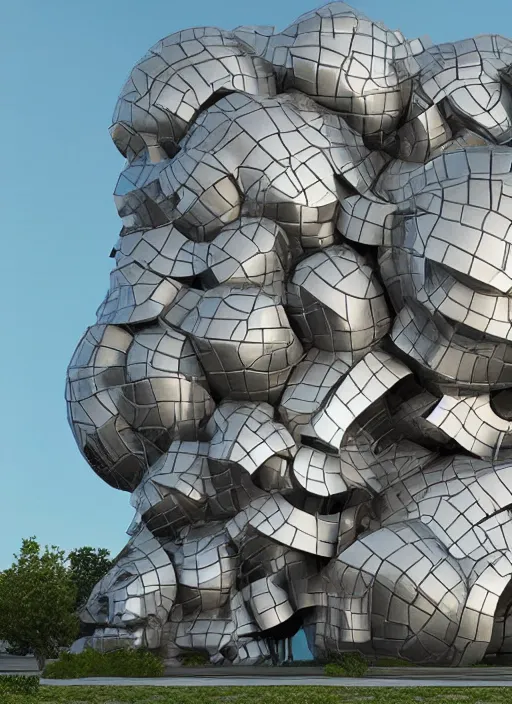 Image similar to highly detailed realistic architecture 3 d render of a futurisctic stele monument made from spheres in frank gehry style standing near a highway, archdaily, made in unreal engine 4 octane render