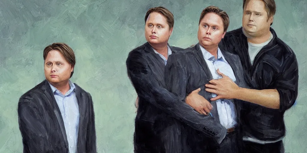 Prompt: Tim Heidecker with a halo standing behind depressed Alex Jones while laying a comforting hand on his shoulder. Oil painting, hyper realistic.