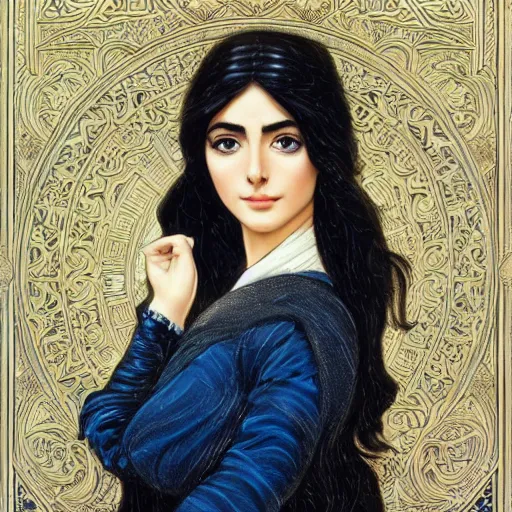 Image similar to Ameera al-Taweel, blue eyes, wavy black hair, white veil, highly detailed, digital painting, artstation, concept art, smooth, sharp focus, illustration, ArtStation, art by artgerm and greg rutkowski and alphonse mucha and J. C. Leyendecker and Edmund Blair Leighton and Katsuhiro Otomo and Geof Darrow and Phil hale and Ashley wood and Ilya repin and Charlie Bowater