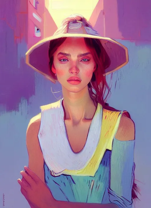 Prompt: portrait of a beautiful girl in a desert town, futuristic clothes, pastel colors, beautiful face, rule of thirds, spotlight, drips of paint, expressive, passionate, by mandy jurgens, by vincent van gogh, digital painting