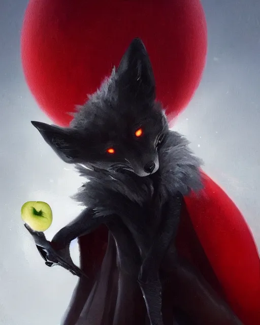 Image similar to oil painting of Anthropomorphized dark Fox thief, stealing red Apple, wearing dark cloak, mischievous look, full body, sharp focus, fantasy style, octane render, volumetric lighting, 8k high definition, by greg rutkowski, highly detailed, trending on art Station, magic the gathering artwork, dark city backround