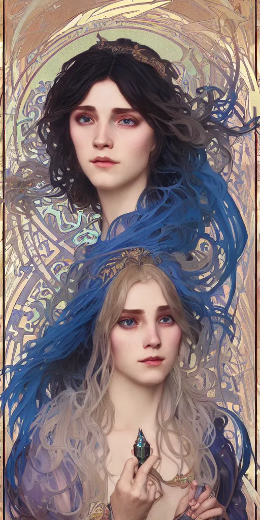 Prompt: Beautiful female wizard with blue robes wearing an intricate arcane makeup, digital art, art by Alphonse Mucha, Greg Rutkowski, Alex Ross, WLOP, Artstation, 8K