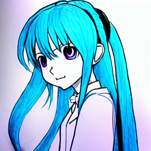 Image similar to hatsune miku v 3, blue pen art on paper