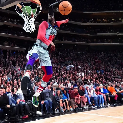 Image similar to photograph of the joker from batman dunking, highlights of the 2 0 1 9 nba slam dunking contest