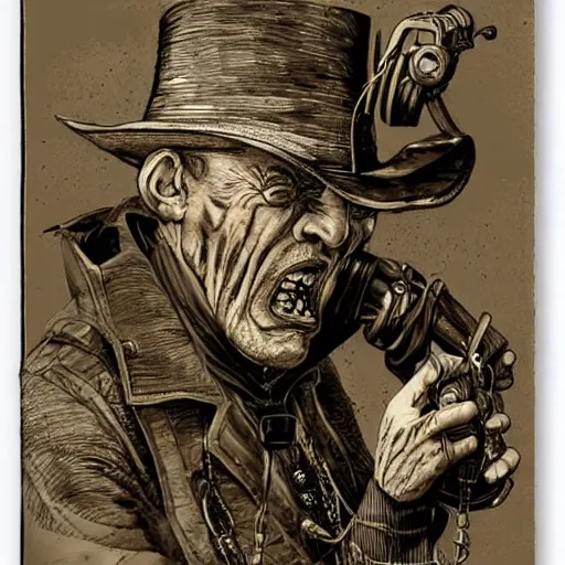 Prompt: Old wrinkled man shouting in steampunk outfit, attached to wires. Dark, intricate, highly detailed, smooth, in style of Stanislav Vovchuk