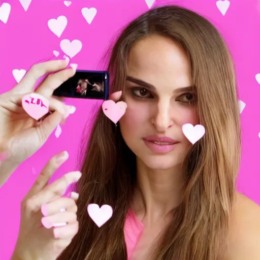 Image similar to a highly detailed college girl that looks like Natalie Portman taking a picture of herself trying to be an influencer with cute pink hearts in the air