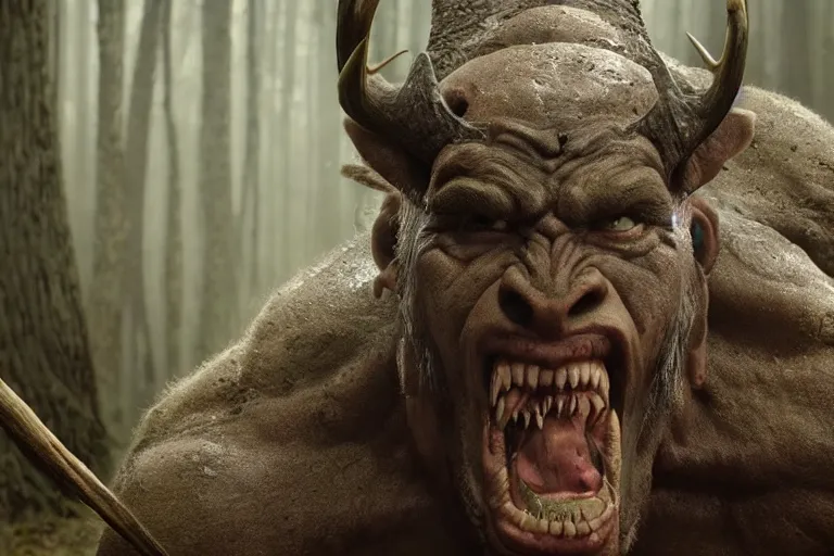 Image similar to vfx movie closeup detailed ancient warrior orc hunting elk in the forest, natural lighting by emmanuel lubezki