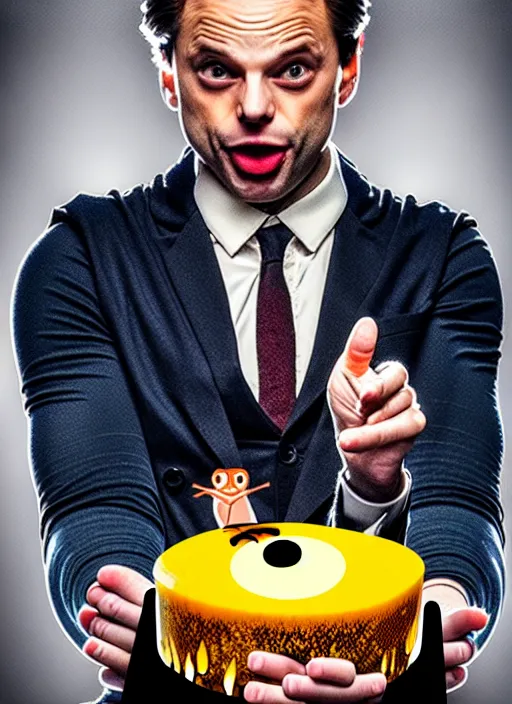 Image similar to highly detailed comedy caper movie poster with zany silly wacky sebastian stan as a sentient flan puddihg, sebastian stan face made from flan pudding by greg rutkowski, masterpiece, 1 0 / 1 0