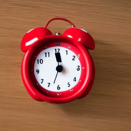 Image similar to Very tiny red alarm clock that looks like the iOS emoji and has the same colors, 3D clay render, 4k UHD, white background, isometric top down left view, diffuse lighting, zoomed out very far