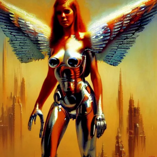 Prompt: cyborg angel in the blood, hyperrealism, no blur, 4 k resolution, ultra detailed, style of john berkey, syd mead, giovanni battista piazzetta, thomas kinkad, alexander trufanov, kezie demessance
