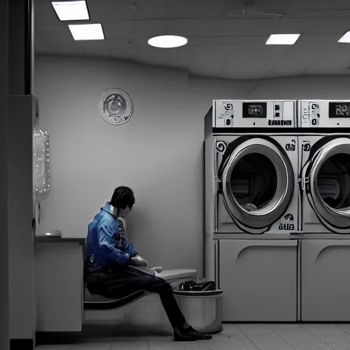Prompt: a beautiful photo of an astronaut waiting in a laundromat, '70, soft light, morning light, photorealistic, realistic, octane, 8k, cinematic shot
