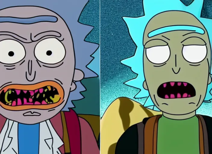 Image similar to portrait photo still of real life rick and morty, 8 k, 8 5 mm, f. 1 4