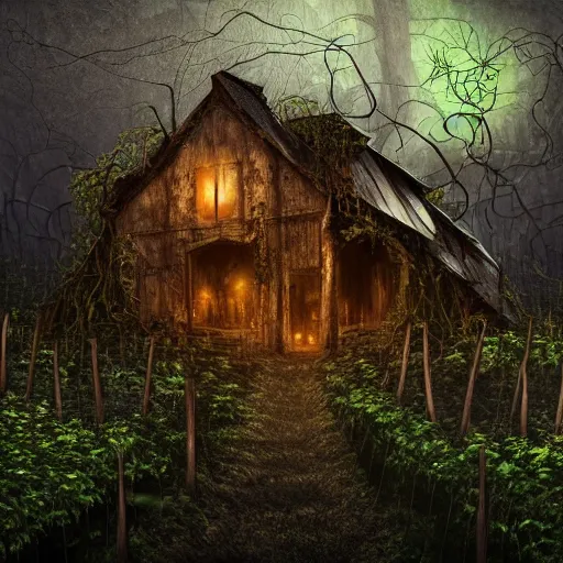 Image similar to collapsed wooden house in mythical forest with creepy ambiance, vines hanging from trees, glowing fireflies, hazy, by hr giger, sharp focus, highly detailed