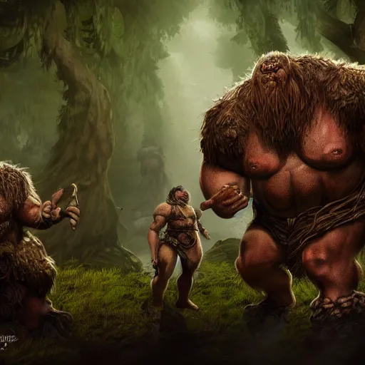 Image similar to giant dungeons and dragons ettin giant with two heads, ettin from dungeons and dragons, dnd in a dark forest, digital art, high quality render, artstation, 8 k, photograph quality, ultrahd