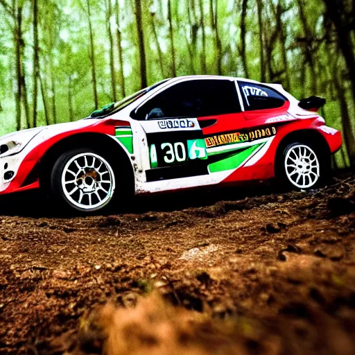 Prompt: close up of rally racing car in forest, cinematographic shot, cartoon