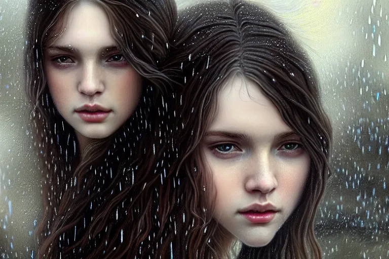 Prompt: highly detailed portrait of a beautiful girl running in rain with wet dark hair and pale face, fantasy, intricate, elegant, dramatic lighting, emotionally evoking symbolic metaphor, highly detailed, lifelike, photorealistic, digital painting, artstation, concept art, smooth, sharp focus, illustration, art by John Collier and Albert Aublet and Krenz Cushart and Artem Demura and Alphonse Mucha