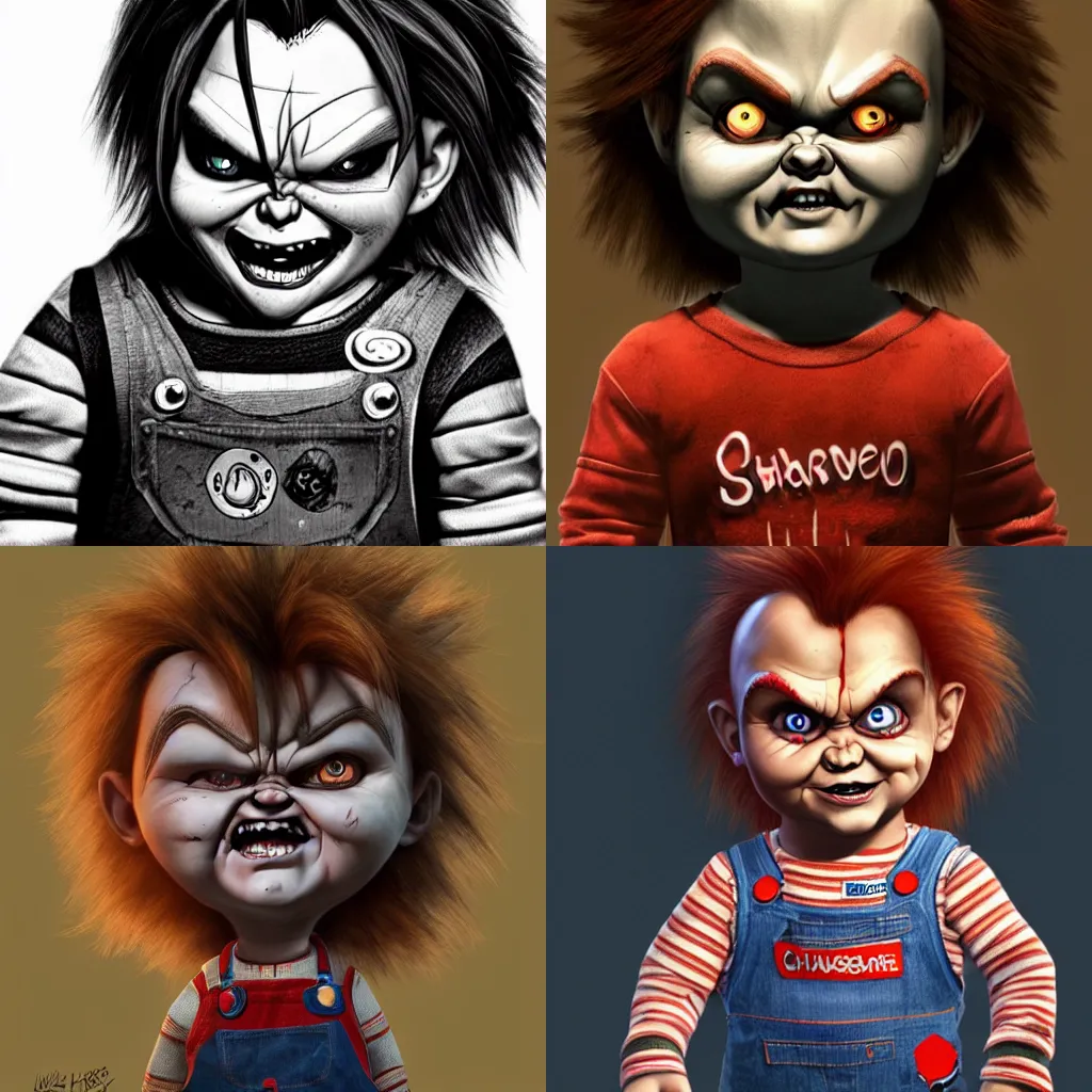 Prompt: Character concept of chucky,wild hair,evil,artstation