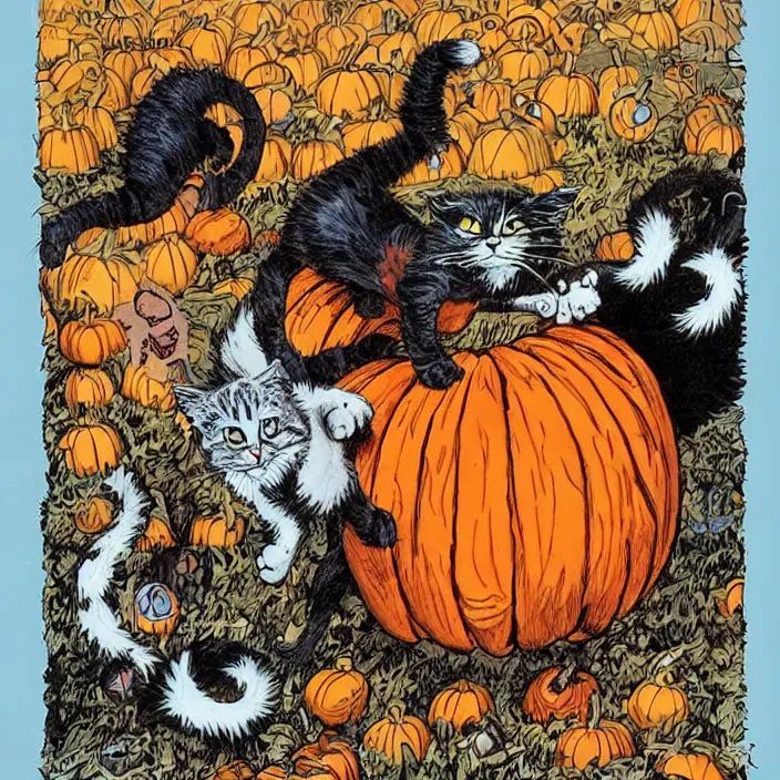 Prompt: cat jumping out of a pumpkin by todd mcfarlane and tim burton