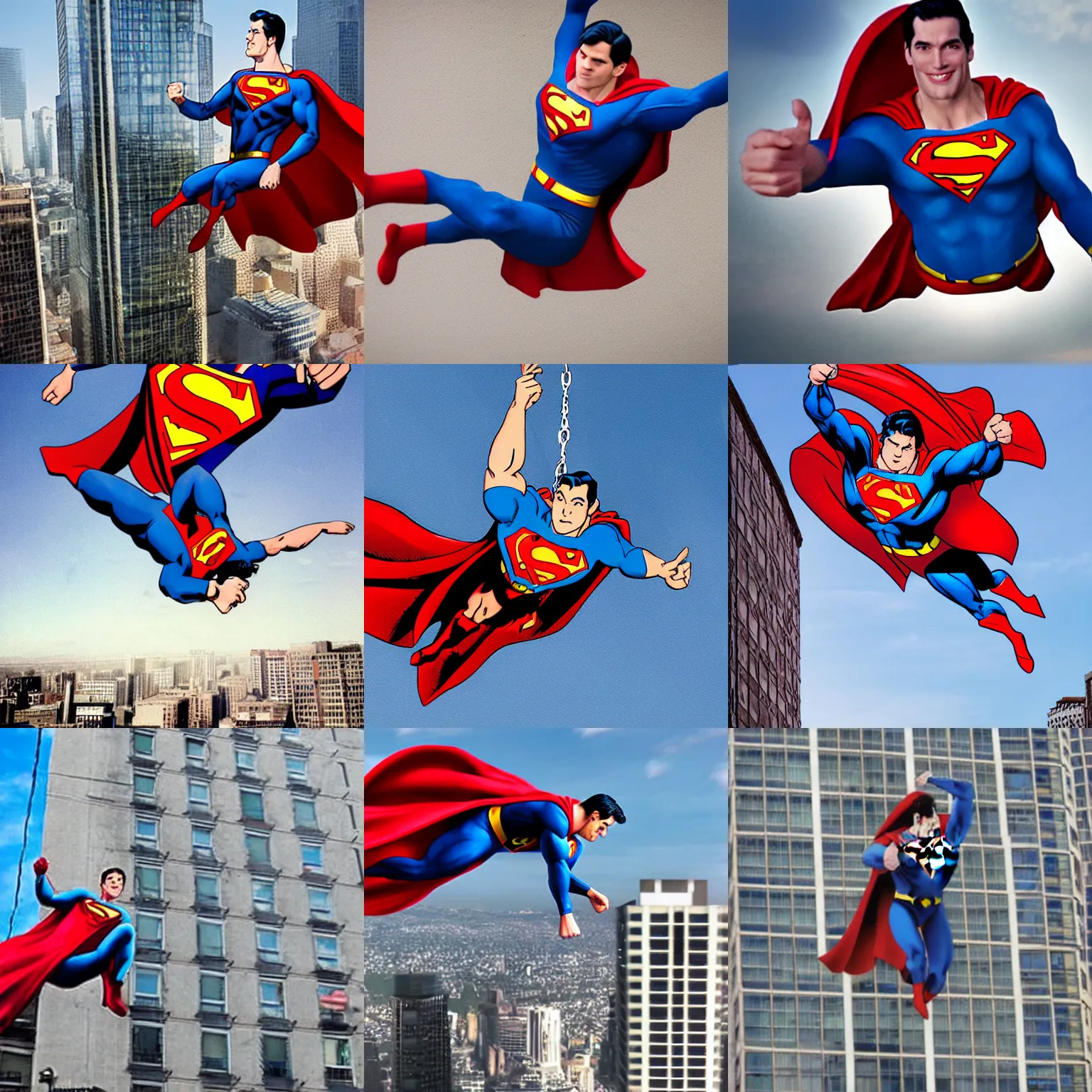 Prompt: Superman swinging from a building using his web