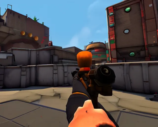 Image similar to TF2 screenshot 'koth_clownworld' with game HUD, source engine footage, game HUD, heavy weapons guy