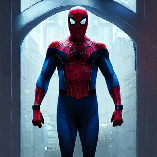 Image similar to ryan reynolds as spider - man, wearing a black and blue suit, cinematic, volumetric lighting, f 8 aperture, cinematic eastman 5 3 8 4 film, photorealistic by greg rutkowski, by stanley artgerm, by alphonse mucha