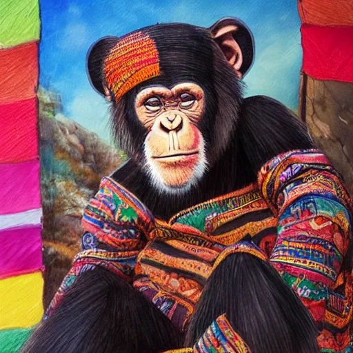 Image similar to beautiful painting by sophie anderson of a chimpanzee wearing kurdish clothes in a kurdish village, award winning art, insanely detailed, bright colors, global illumination, cute, young, stunning