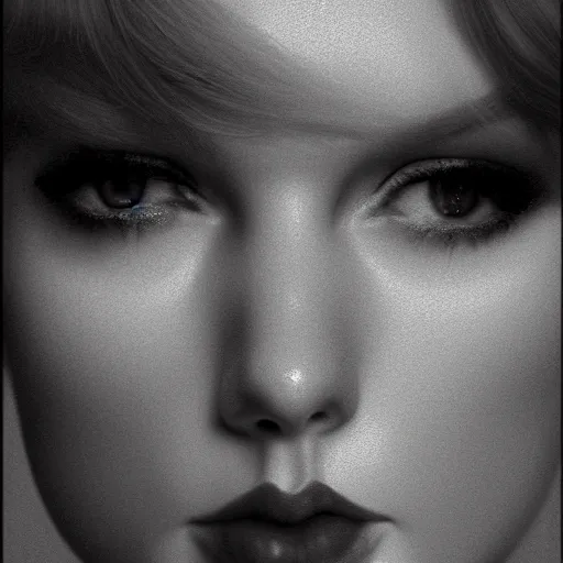 Prompt: a front - faced clear close - up studio portrait of taylor swift with eyes looking to the right, dramatic cinematic lighting, trending on artstation, fine details, 8 k, highly detailed, beautifully composed