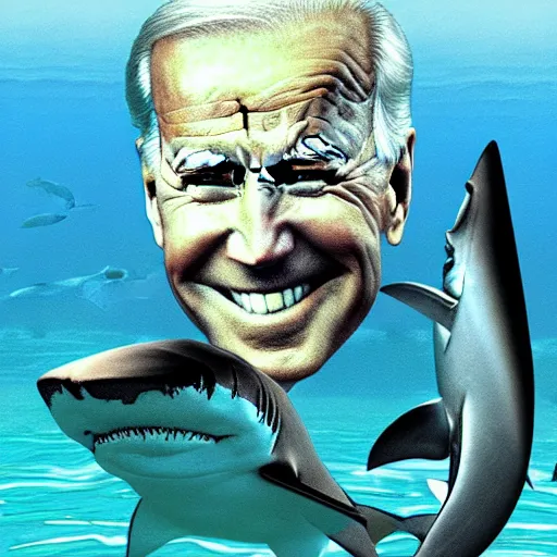 Image similar to joe biden sharkman swimming underwater, shark - human face, impressionism, fake photograph, caricature