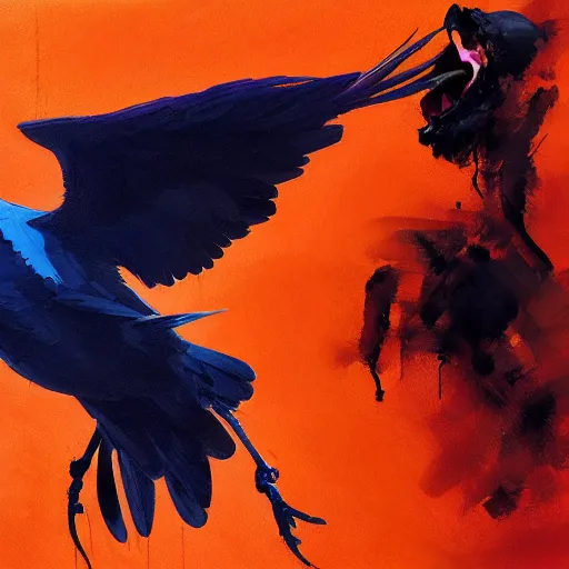 Image similar to indigo raven in flight with one skull in the background with a splash of deep orange greg rutkowski