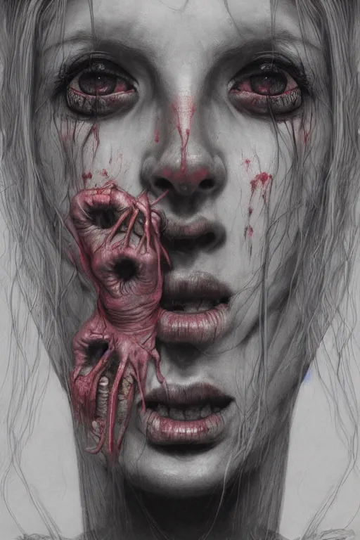 Image similar to crayon cartoon grunge portrait of a creepy horror nurse girl . intricate artwork. nightmare fuel. terrifying. by zdzisław Beksiński, wlop, dan mumford , trending on artstation, greg rutkowski very coherent symmetrical artwork. cinematic, hyper realism, high detail, octane render, 8k