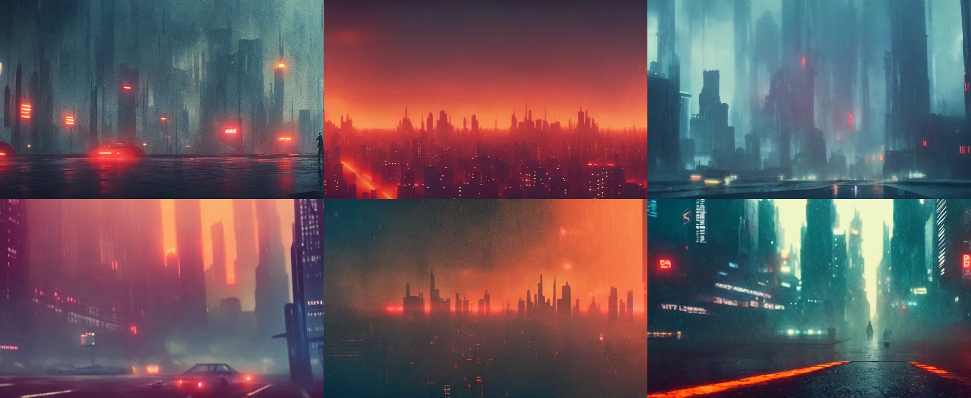 Prompt: 35mm photography film still landscape of Blade Runner 2049 city with industrial fires and smog, futuristic dystopian megacity skyline, hard rain falling, matte painting, cyberpunk noir, neon