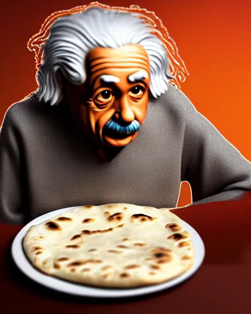 Prompt: A photo of Albert Einstein eating naan, highly detailed, trending on artstation, bokeh, 90mm, f/1.4