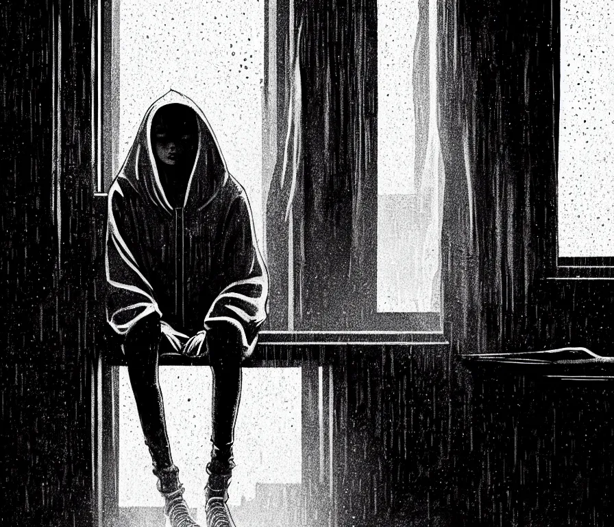 Image similar to sadie sink in hoodie sits on windowsill, knees tucked in | rain falls at night : b & w storyboard, scifi cyberpunk. by gabriel hardman, joe alves, chris bonura. cinematic atmosphere, detailed and intricate, perfect anatomy