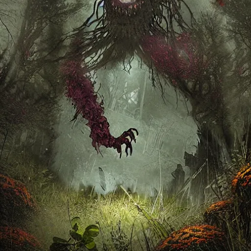 Image similar to a beautiful terrifying monster made out of moss and flowers, emerging from the undergrowth. ethereal horror fantasy art by greg rutkowski