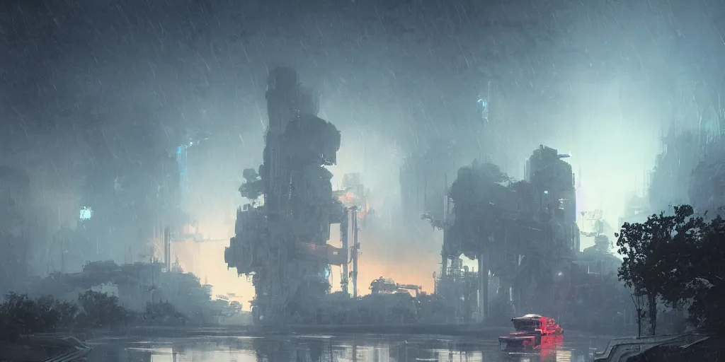 Image similar to bright render of huge mecha, by Ian McQue, Rutkowski, lee madgwick and hubert robert, concrete building by le corbusier on the background, puddles of water, trees and bushes, blade runner style, neon glow, vivid color, moody lighting, unreal engine, sunrise, epic skies, foggy