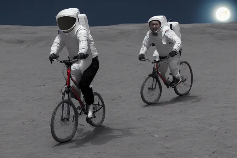 Prompt: A professional photo of Boris Johnson riding a bicycle on the moon; high-quality, dramatic lighting, extremely high detail, trending on artstation