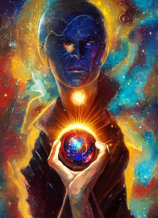 Image similar to high intricate painting of the sandman holding a glimmering galaxy, full shot, neil gaiman, maria panfilova, andrea savchenko, mike kime, ludovic plouffe, qi sheng luo, oliver cook, julian calle, eddie mendoza, trending on artstation