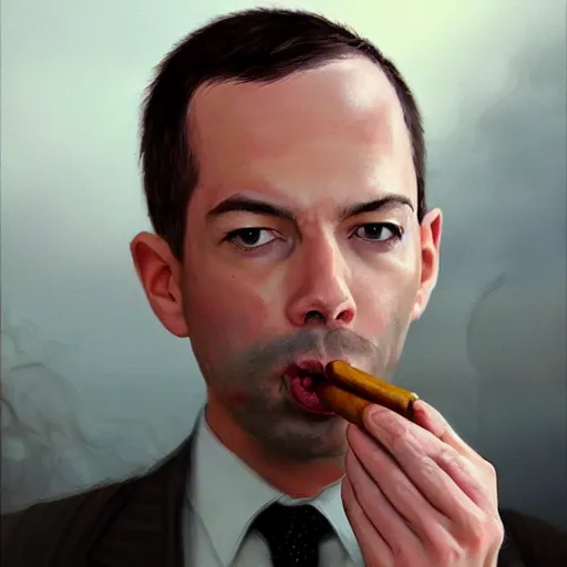 Image similar to andrew tate wearing a suit smoking a cigar on his mouth, dramatic lighting, cinematic, establishing shot, extremly high detail, photorealistic, cinematic lighting, artstation, style by James Gurney