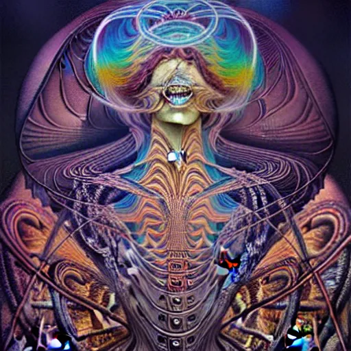 Image similar to Schwellenerfahrung in der Auflösung durch LSD, a intricate psychedelic painting, hyperdimensional, alex grey, HR Giger, peter mohrbacher