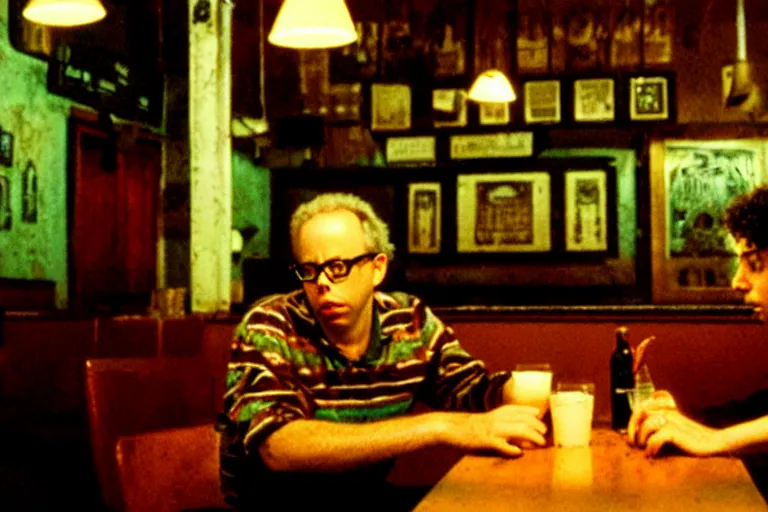 Image similar to old israeli cafe, todd solondz drinking alone, vaporwave colors, state of melancholy, romantic, dimmed lights, realistic