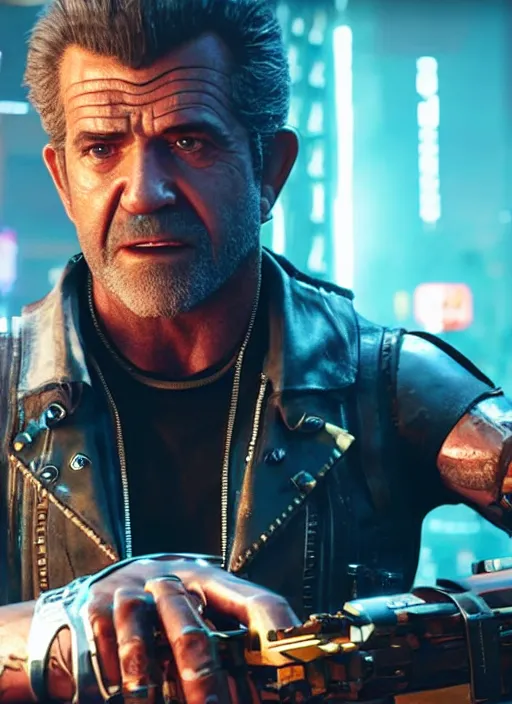 Image similar to film still of Mel Gibson as Johnny Silverhand in Cyberpunk 2077, gameplay, 8k, HD